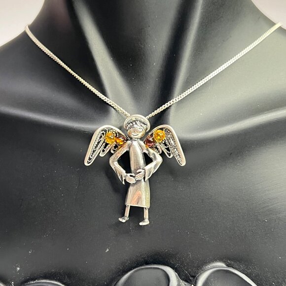 Sterling Silver Guardian Angel Pendant With Cognac Amber Detail Women's Jewelry - Picture 4 of 14